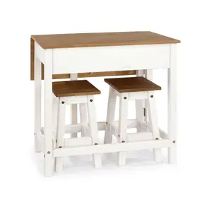 Corona breakfast drop leaf table & 2 stools set, white waxed pine