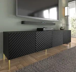 Modern Black Surf TV Cabinet with Gold Legs (W)200cm (H)56cm (D)42cm - Seamless & Sophisticated