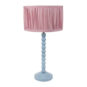 ValueLights Bobbins Powder Blue Table Lamp with Ruched Pleated Blush Pink Drum Lamp Shade and LED Bulb