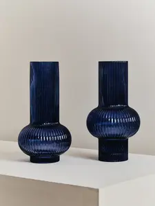 Interiors by Premier Large Blue Cylindrical Glass Vase, Wide Midsection and Ribbed Design Flower Vase, Large Blue vase for Decor