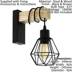 LED Wall Light / Sconce Black Plate & Wood Hangman Cage 1 x 10W E27 Bulb