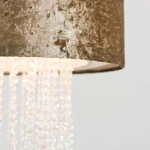 ValueLights Boland Modern Gold Velvet Cylinder Ceiling Pendant Light Shade with Clear Acrylic Droplets