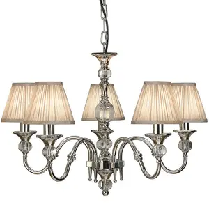 Diana Ceiling Pendant Chandelier Bright Nickel & Beige Pleat Shade 5 Lamp Light