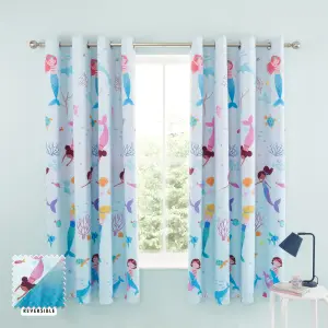 Catherine Lansfield Mermaid 66x72 Inch Fully Reversible Two Curtain Panels Blue/Pink