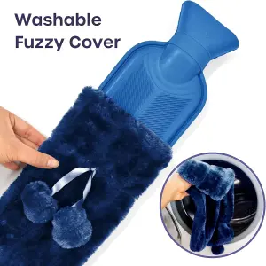 Long 2L Hot Water Bottle for Pain Relief - Blue Soft Faux Fur Cover with Pom Poms, 72cm, Washable, Luxury Heating Bag