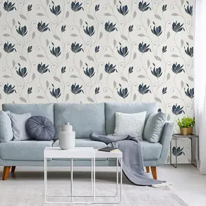 Crown Synergy Floral Navy Silver Leaf Textured Glitter Wallpaper M1716