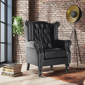 Faux Leather Balmoral Wing Back Chair with Buttons Black