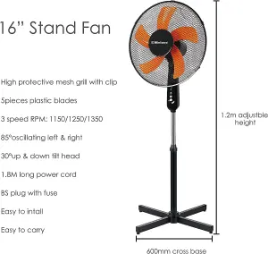 Belaco 16" Stand Fan - 5 Blade - Black / Orange