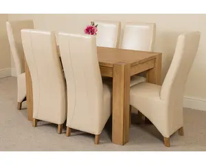 Kuba 125 x 80 cm Chunky Oak Small Dining Table and 6 Chairs Dining Set with Lola Ivory Leather Chairs