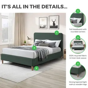 Furniturebox UK King Size Bed - 'Romy' Upholstered Green Kingsize Bed Frame Only (No Mattress) - 100% Recycled Eco Fabric