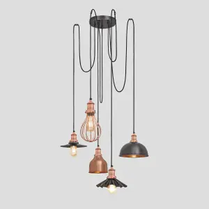 Industville Brooklyn 5 Wire Pendant, Copper, Incl Shades