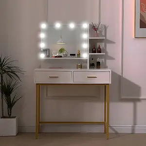 White Dressing Table Gold Legs Female Vanity Desk with LED Lights, Make Up Desk