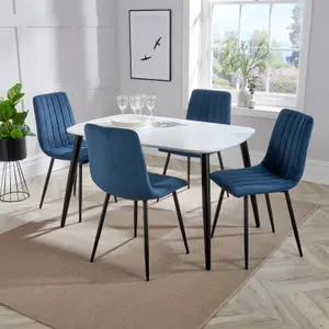 Core Products Aspen White 120cm Rectangular Dining Table with 4 Blue Cord Fabric Straight Stitch Design Chairs