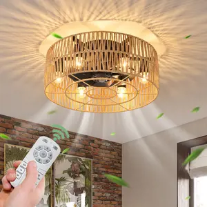 Socher 8 - Blade 48.5cm Boho Rattan Caged Ceiling Fan with Light Kit and Remote Control