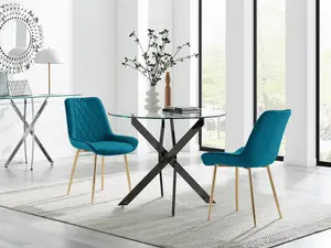 Furniturebox UK Novara 100cm Round Black Leg Dining Table & 2 Blue Pesaro Gold Leg Chairs