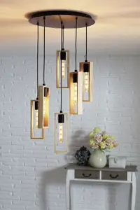 Hanging Ceiling Pendant Light Black & Wood 6 Bulb Multi Lamp Hallway Feature