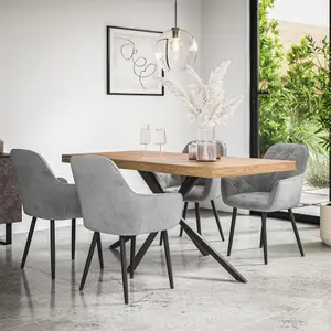 Donni Dining Table And Chairs -  Oak Effect Table Top w Black Legs + Anika Velvet Dining Chair Set Of 4 (Grey)