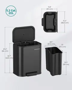 SONGMICS Kitchen Bin, Pedal Bin, Steel Trash Bin, Soft-Close Lid, Stays Open, Inner Bucket, Wide Non-Slip Pedal, Ink Black