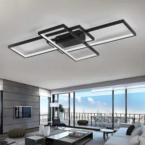 Black Frame Modern Rectangular LED Semi Flush Ceiling Light Fixture 110cm Dimmable with Remote