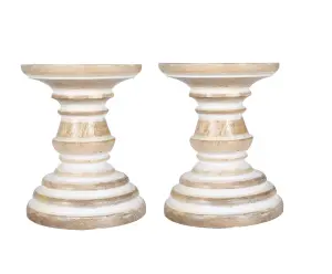 SET OF 2 Rustic Antique Carved Wooden Pillar Church Candle Holder, Natural,Medium 19cm