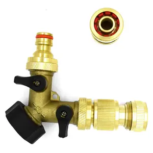 2 Way Garden Tap Connector, Brass Garden Hose Tap Y Splitter Connector with Individual On/Off Valves and 2 Matching Connectors