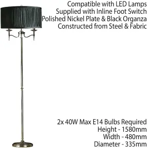 Luxury Classic Twin Arm Feature Floor Lamp Polished Nickel & Black Organza Shade