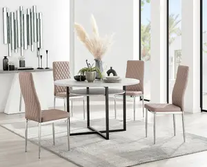 Adley Grey Concrete Effect And Black Round Dining Table with Storage Shelf and 4 Beige and Silver Milan Modern Faux Leather Chairs