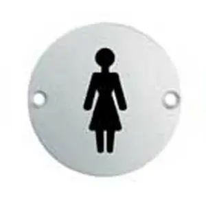 2x Bathroom Door Female Symbol Sign 64mm Fixing Centres 76mm Dia Polished Steel