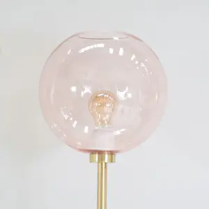 ValueLights Frenchie Brushed Gold Metal Floor Lamp with Pink Tinted Glass Globe Shade - LED Bulb Included