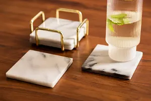 Maison by Premier Delphine Set Of 4 White Marble Coasters with Brass Finish Holder