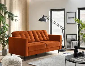 Furniturebox Jenna 3 Seater Burnt Orange Velvet Sofa With Solid Wood Frame