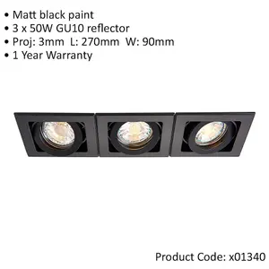 4 PACK Triple Recessed Boxed Downlight - 3 x 50W GU10 Reflector - Matt Black