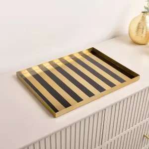 Melody Maison Large Rectangle Black & Gold Striped Metal Tray