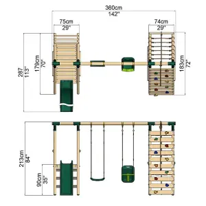 Rebo Wooden Swing Set with Deck and Slide plus Up and Over Climbing Wall - Moonstone Green