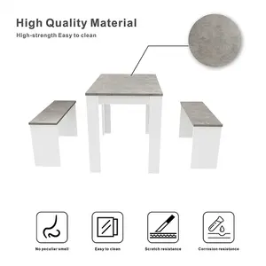 Dining Table with 2 benches Dining Table Set for Kitchen, Dining Room, Small Space Artificial Marble (Grey and White)