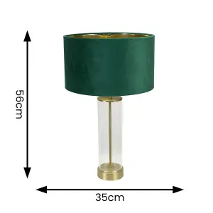 ValueLights Balan Glass with Gold Table Lamp and Forest Green Velvet with Metallic Gold Inner Lamp Shade