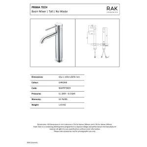 RAK Prima Tech Tall Polished Chrome Modern Basin Tap Solid Brass