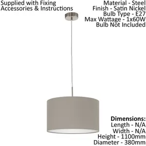 Ceiling Pendant Light & 2x Matching Wall Lights Satin Nickel Taupe Fabric Shade