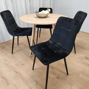 Round Oak Effect Kitchen Dining Table With 4 Black Velvet Tufted Chairs Dining Set