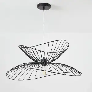 Contemporary Medium Black Pendant Ceiling Light. Twin Shades made with curved metal threads, 65cm Diameter.  Adjustable height