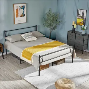 Minimalist Metal Bed Frame with Slatted Headboard Black / Double (4'6)