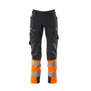 Mascot Accelerate Safe Ultimate Stretch Trousers with Thigh Pockets - Dark Navy/Hi-Vis Orange   (34.5) (Leg Length - Short)