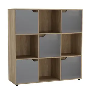 URBNLIVING 9 Cube Oak Wooden Bookcase Shelving Display Shelves Storage Unit Wood Shelf Grey Door