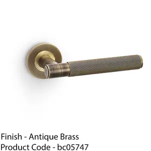 SOLID BRASS Reeded Door Handle Set - Antique Brass Straight Lever On Round Rose