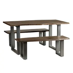 Dining Set with 2 Benches Grey Essential Live Edge