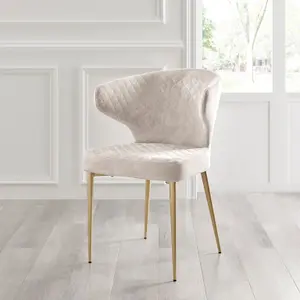 Cream Velvet Dining Chair With Quilting Design Gold Legs Set Of 2