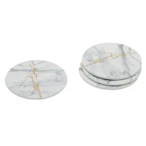 Interiors By Premier Elegant Luxe Set Of 4 Coasters, Marble Design Round Set Of 4 Coasters For Kitchen, Versatile White Coasters