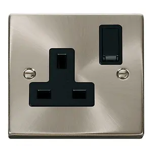 Satin / Brushed Chrome 1 Gang 13A DP Switched Plug Socket - Black Trim - SE Home