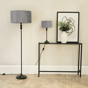 ValueLights Maggie Black Metal Candlestick Floor Lamp with Grey Velvet Lamp Shade and LED Bulb