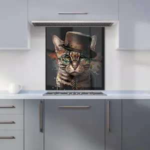 Bengal Cat With Glasses Premium Glass Kitchen Splashback W600mm x H650mm